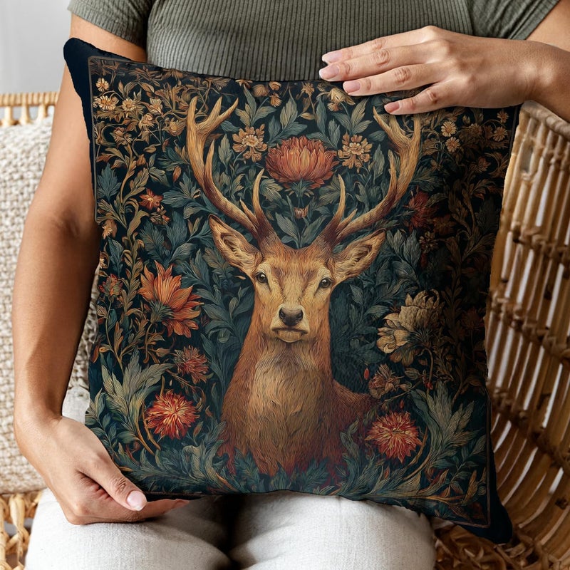 RBAFAO William Morris Inspired Abstract Vintage Floral Design Throw Pillow Covers Home Decor Art Pillowcase Cushion Cover for Bed Sofa Living Room, Car Indoor and Outdoor (The Deer, 18x18inches) - Image 5